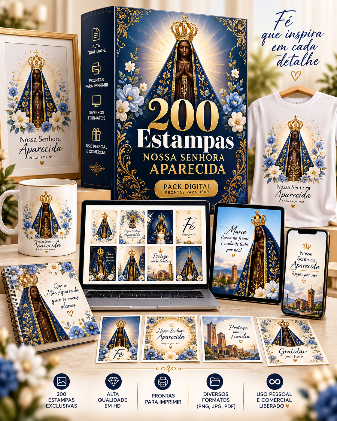 Pack 200 Estampas Nossa Senhora Aparecida com exemplos de camisetas, canecas, quadros e outras personalizações